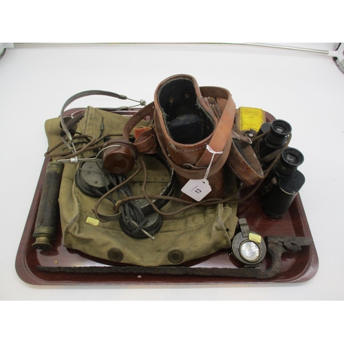 13 - Vintage Binoculars, Bayonet, Headphones, Telescope, Compass etc