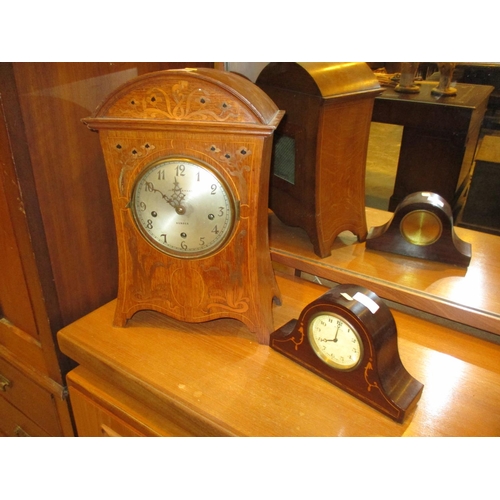 137 - Art Nouveau Copper Inlaid Oak Mantel Clock by James Ramsay Dundee, along with an 8 Day Clock