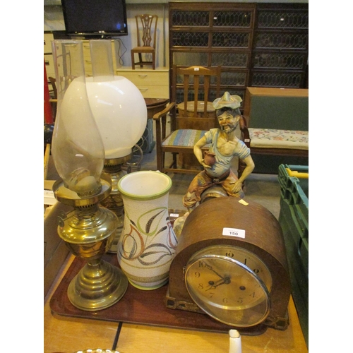 150 - Two Oil Lamps, Mantel Clock, Pottery Jug and Figure