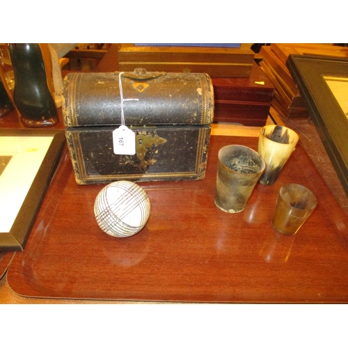 167 - Victorian Pottery Carpet Bowl, 3 Horn Beakers and a Stationery Box