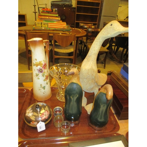 168 - Crystal Vase, Pottery Jug, Trinket Box, 3 Napkin Rings, Goose and 2 Penguins