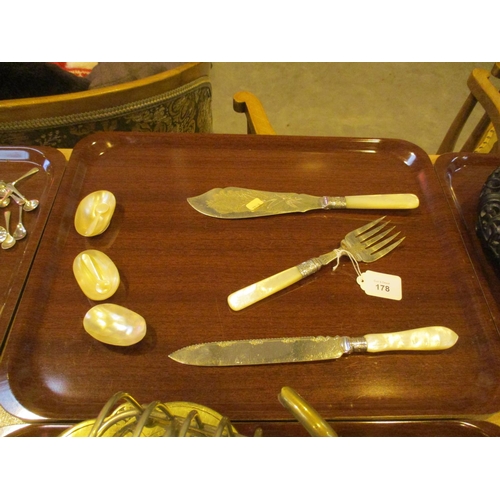 178 - Three Mother of Pearl Salts, 2 Salt Spoons, Fish Servers and Bread Knife