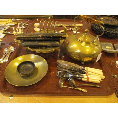 179 - Brass Kettle, Trivet, Chinese Dish, Toast Rack, Cutlery and Maths Instruments