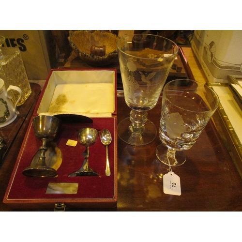 72 - Silver Part Communion Set and 1 Goblet (goblet at the front has been broken and withdrawn from the l... 