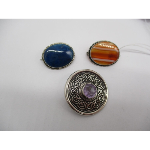 292 - Sterling Silver Targe Brooch, Agate Brooch and Another