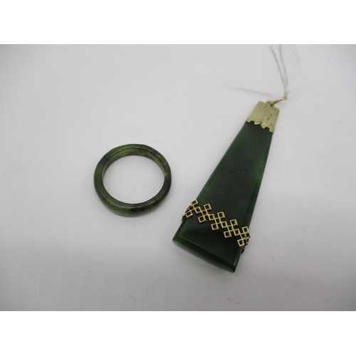 307 - Yellow Metal and Green Stone Pendant and Green Stone Ring