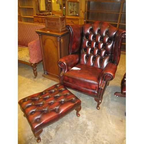 499 - Chesterfield Deep Buttoned Burgundy Leather Wing Back Chair with Stool