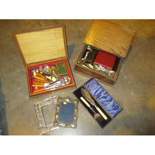 110 - Two Silver Plated Photograph Frames, 2 Cases of Cutlery and a Case of Fish Servers