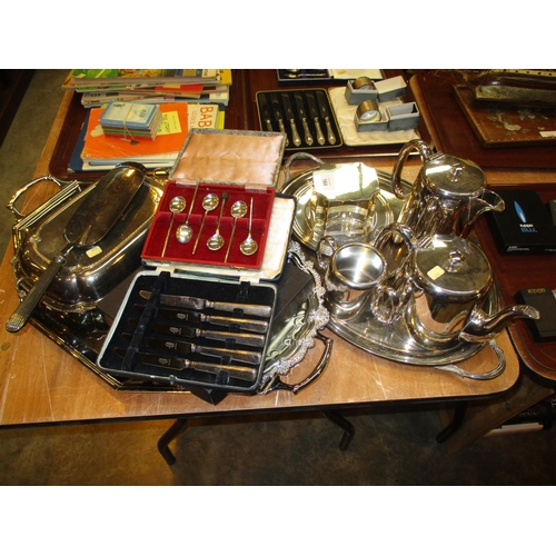 164 - Two Silver Plated Trays, Hotel Plate Silver Entrée Dish, Cased Cutlery etc