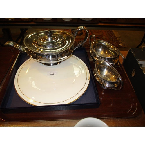 167 - Silver Plate 3 Piece Tea Service and a Royal Worcester Contessa Cake Plate