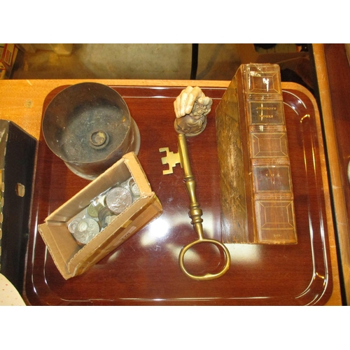 170 - Selection of Coins, Shell Case Dish, Ornamental Key, Small Figure and The Works of Samuel Johnson Vo... 