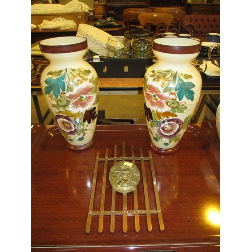 182 - Pair of Victorian Enamel Painted Glass Vases and a Metal Plaque