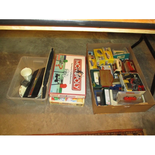 188 - Box of Model Vehicles, Monopoly, Atari, Photo Album, Ceramics etc