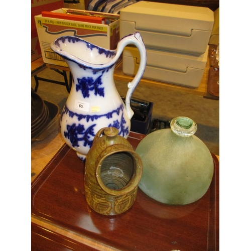 65 - Victorian Flow Blue Pottery Ewer, Pottery Salt Pig and a Frosted Glass Vase