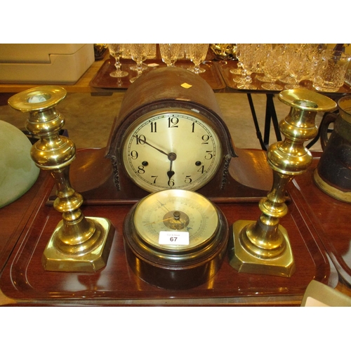 67 - Napoleon Hat Mantel Clock, Aneroid Barometer and a Pair of Victorian Brass Candlesticks