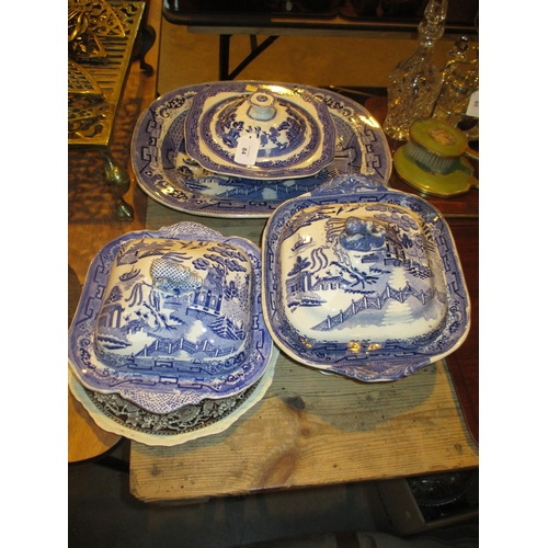 84 - Victorian Willow Printed Pottery Ashet, 3 Tureens and Various Plates