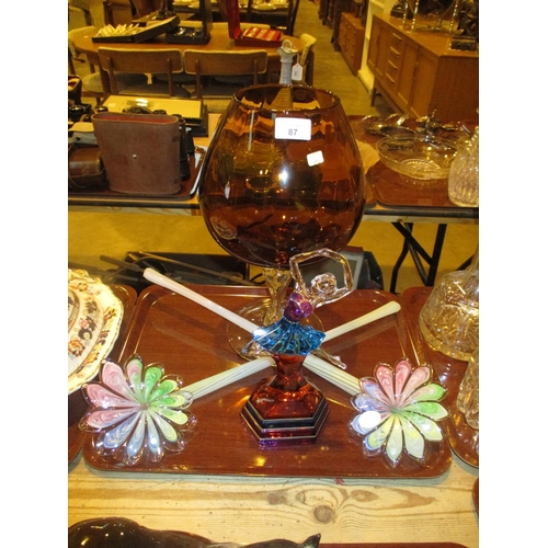 87 - Large Amber Glass Goblet Vase, Glass Dancer and a Pair of Italian Glass Flowers