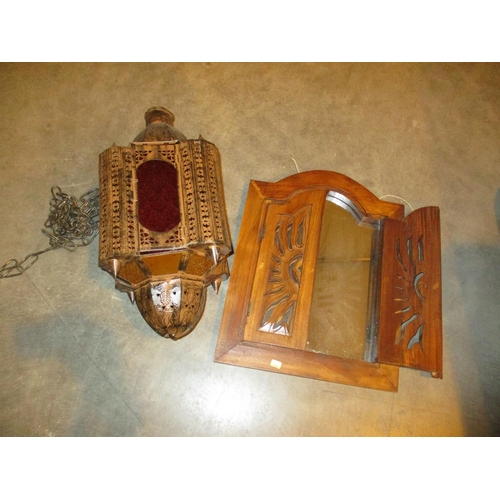 93 - Middle Eastern Pendant Candle Lantern and Wooden Frame Mirror