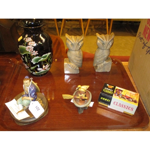 221 - Two Chinese Figures, Vase, Pair of Owls and Corgi Bentley