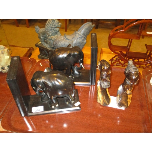 226 - Pair of African Carved Wood Elephant Bookends and a Pair of Tribal Figures