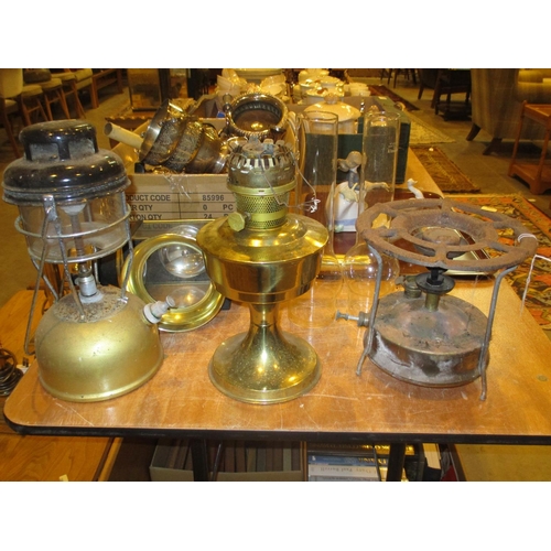 239 - Tilley Lamp, Oil Lamp with 2 Funnels, Primus Stove and a Carriage Style Lamp