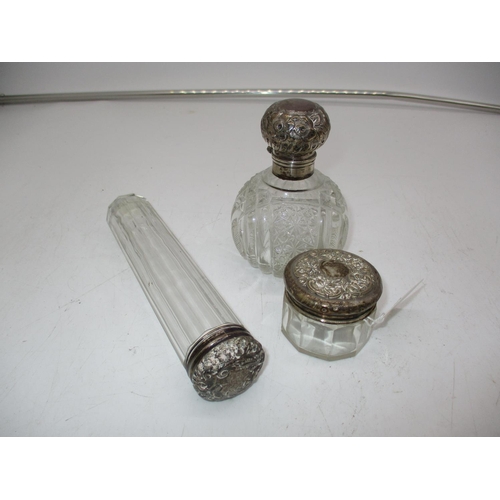 305 - Silver Top Cut Glass Scent Bottle and 2 Dressing Table Jars