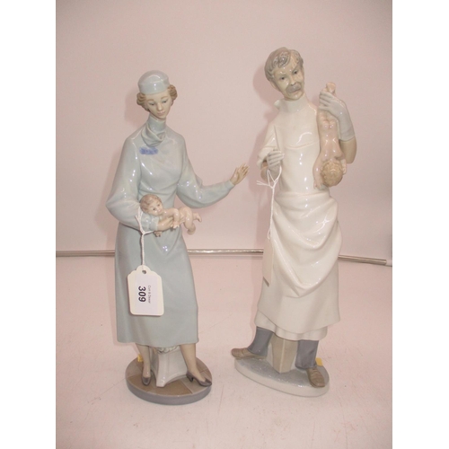 Pair of Lladro Figures of a Midwife and a Doctor with  Babies, 33 and 36cm
