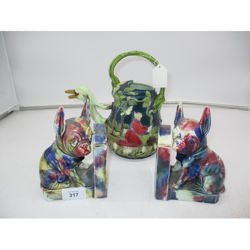 317 - Pair of Pottery Dog Bookends and a Novelty Watering Can