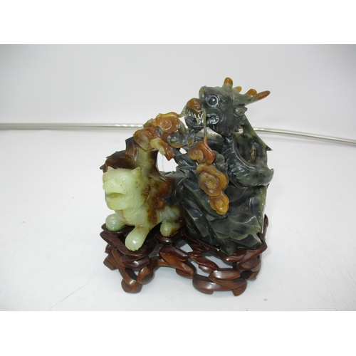 320 - Chinese Carved Stone Dragon and Temple Dog Group on a Wooden Stand, 15cm high