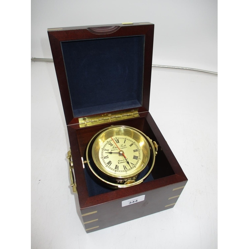 344 - Modern Ships Brass Clock by John Poole London on a Gimbaled Mount in a Mahogany Case