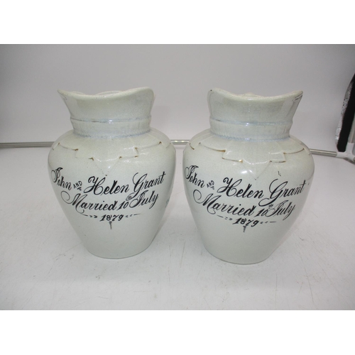 403 - Pair of Victorian Pottery Marriage Jugs Inscribed to John and Helen Grant Married 10th July 1879