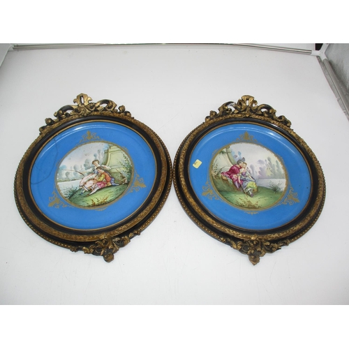 426 - Pair of 19th Century Continental Pottery Hand Painted Plaques in Black and Gilded Frames, 30x36cm