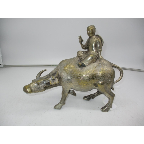 Chinese Silver Plated Group of a Student Riding a Buffalo, 24x28cm