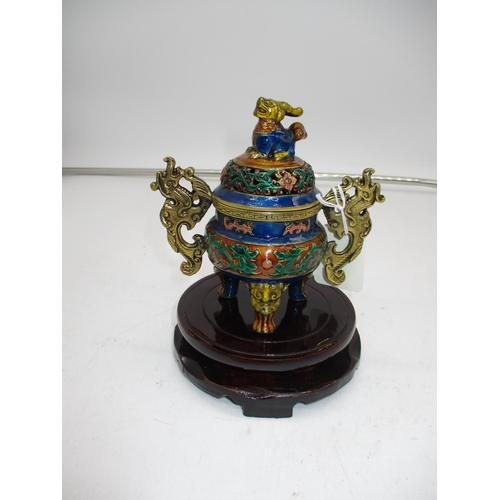 445 - Cloisonne Dragon Incense Burner, 13cm, with a Wooden Stand