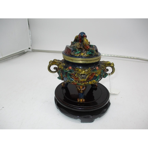 448 - Cloisonne Dragon Incense Burner, 14cm, with a Wooden Stand