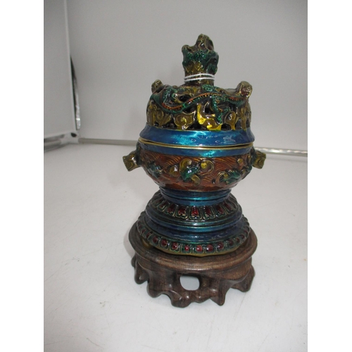 449 - Cloisonne Incense Burner, 14cm, with Wooden Stand