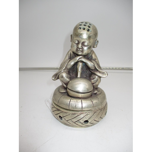 450 - Silver Plated Incense Burner Modelled as a Young Buddhist Monk Praying, 17cm