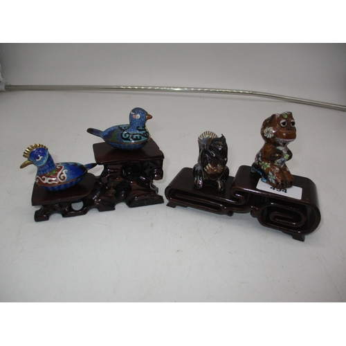 454 - Cloisonne Enamel Bird Trinket Boxes, Squirrel and Another Animal, with 2 Wooden Stands