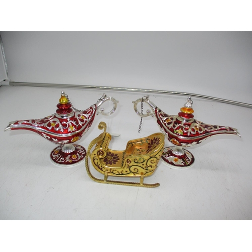 457 - Two Enamel Decorated Oil Lamps and Miniature Sleigh