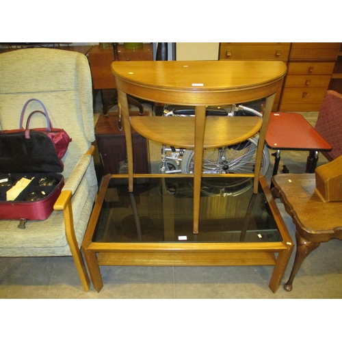 597 - Legate Teak Demi Lune Hall Table and a Mahogany and Smoked Glass Coffee Table