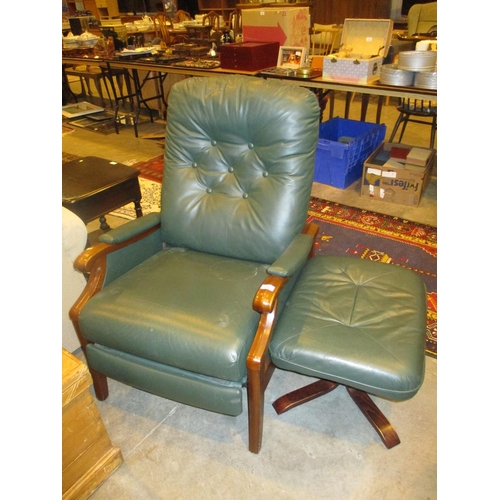 629 - Green Leather Reclining Chair with Stool