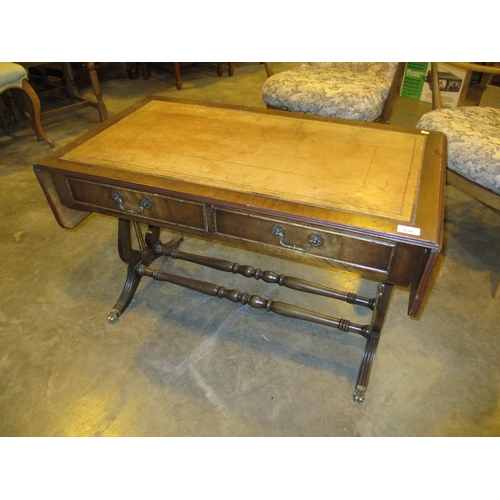 639 - Mahogany and Leather Top Drop Leaf Coffee Table, 130x50cm max.