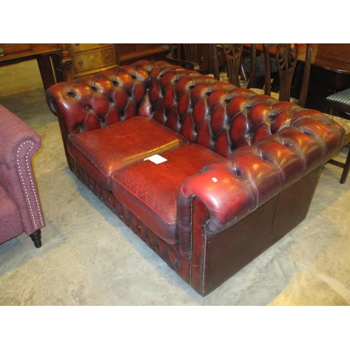 656 - Chesterfield Deep Buttoned Burgundy Leather Settee