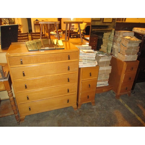 682 - Vintage Oak Cheval Mirror Dressing Table and Chest of 5 Drawers