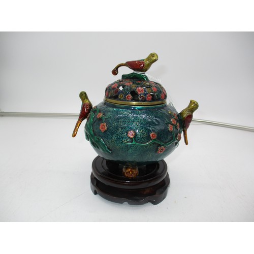 456 - Cloisonne Enamel Bird Mounted Incense Burner, 16cm, with a Wooden Stand