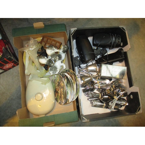 105 - Two Boxes with Goblets, Speaker, Cutlery, Hot Water Bottle, Plates, Dogs etc