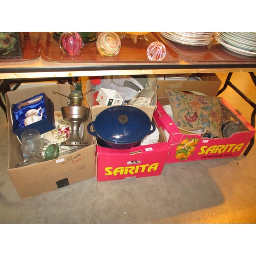 107 - Five Boxes of Decorative Items, Casserole, Oil Lamp etc