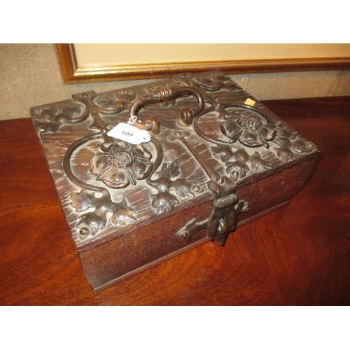 109 - Cast Metal Bound Oak Deed Box