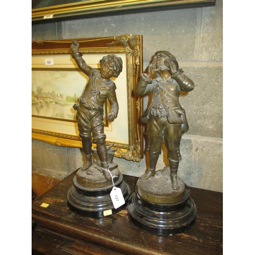 127 - Pair of Victorian Spelter Figures Titled Sortie D'Ecole and OH EH, on Wooden Bases, 37cm high