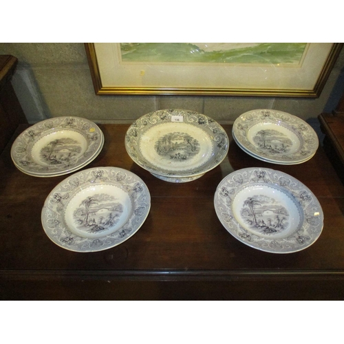 136 - Victorian Printed Pottery Comport and 6 Dishes